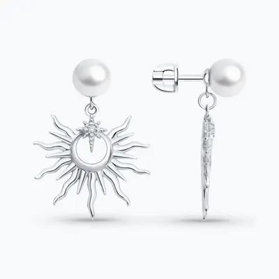 Серьги из серебра с синтетическим жемчугом и фианитами из серебро