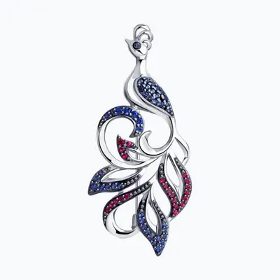 Брошь из серебра с красными и синими фианитами из серебро