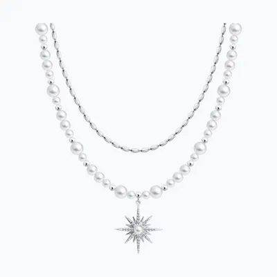 Колье из серебра с синтетическим жемчугом и фианитами из серебро