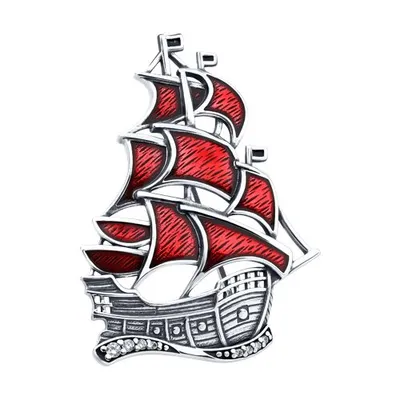 Брошь из серебра с фианитами и эмалью "Алые паруса" из серебро